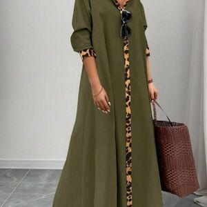 Olive Green Maxi Dress with Leopard Trim